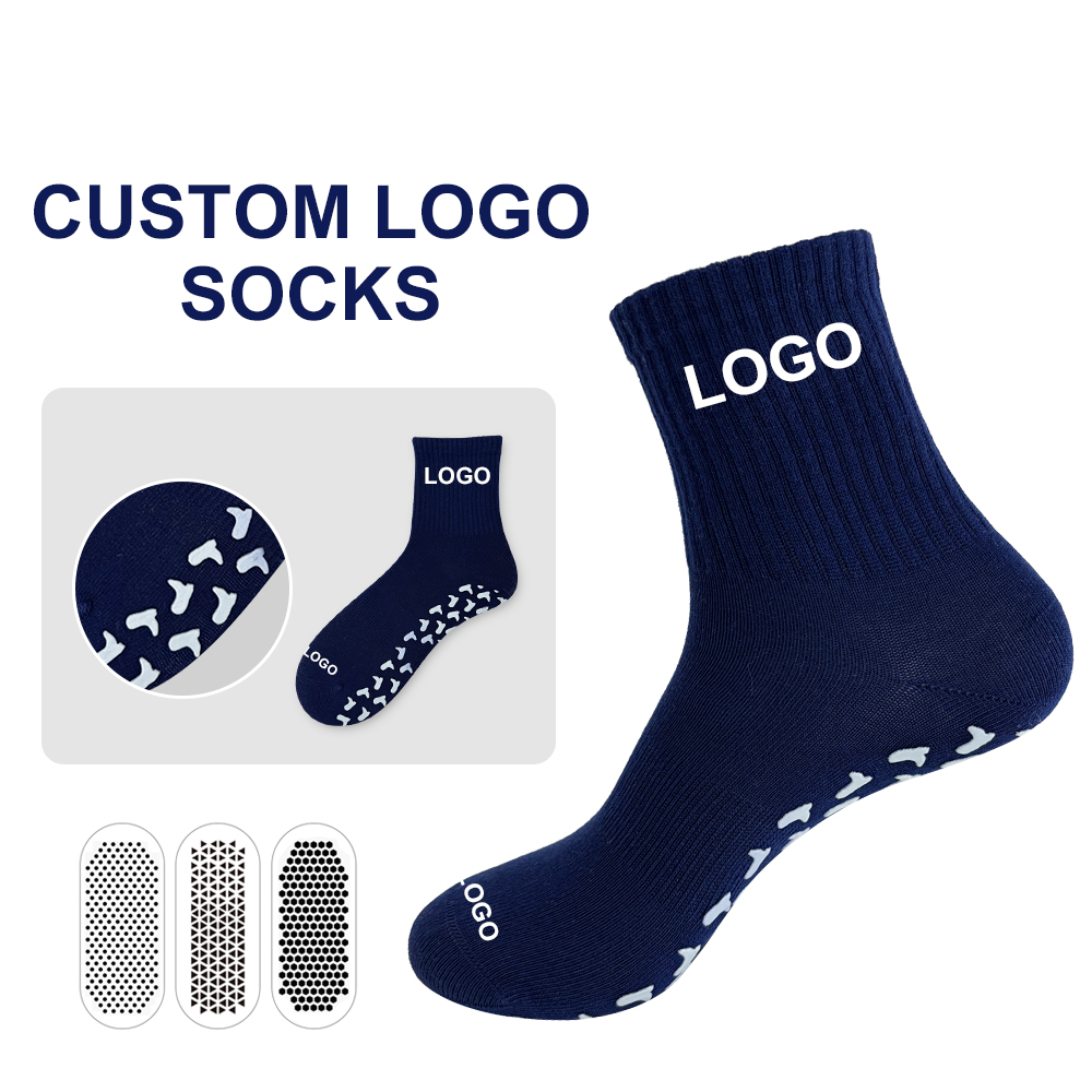 Navy ribbed custom yoga grip sock showing a customizable cuff-logo position