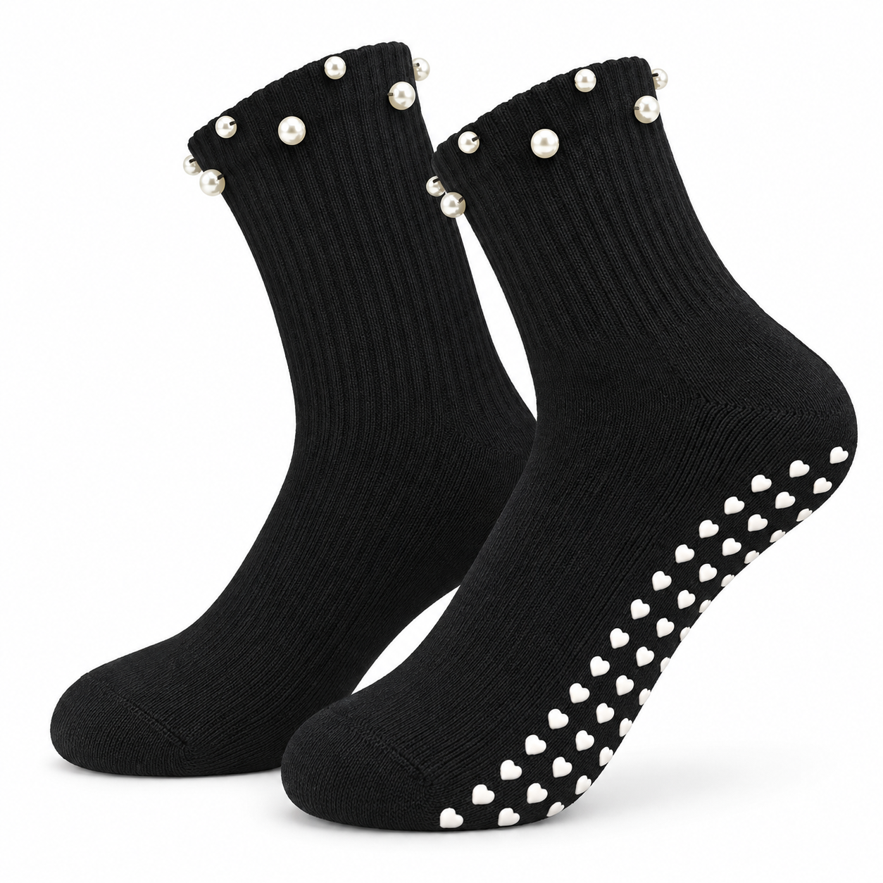 Black ribbed crew grip socks with pearl-look cuff accents and white heart-shaped sole grips