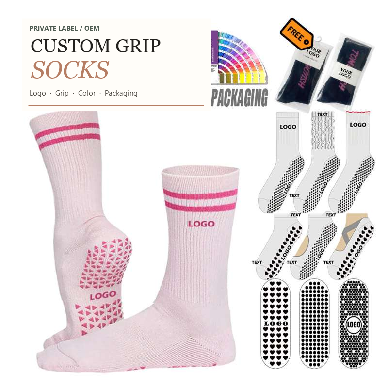 Custom logo grip sock overview with sole pattern and packaging references